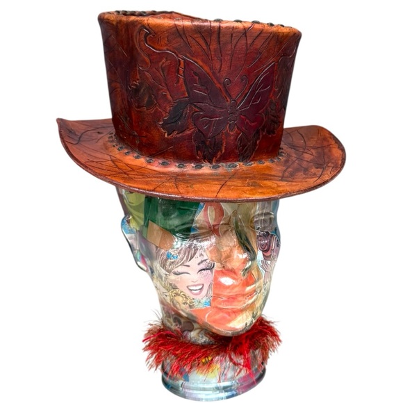 Vintage Hand-Tooled Leather Steampunk Top Hat, Small Fit, Whipstitch Unique Hat - Picture 5 of 15
